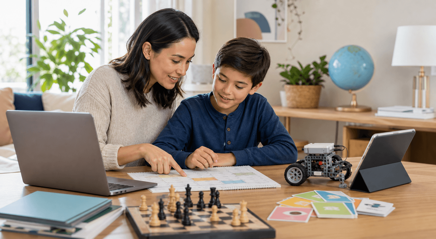 A parent and learner reviewing schedule options together with coding, chess, robotics, and language-learning materials on the table.