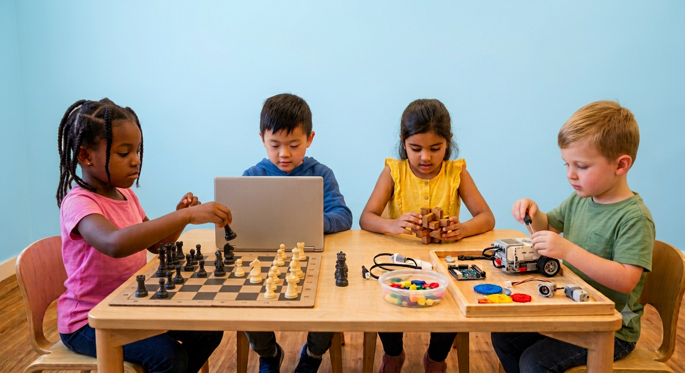 Students practicing chess, coding, building, and robotics together