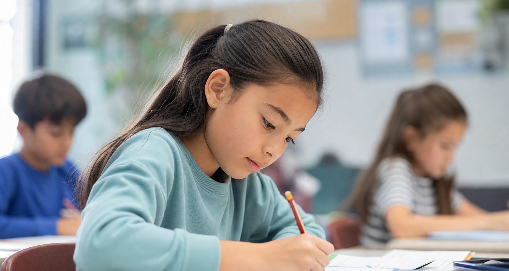 A student concentrating during a guided learning activity