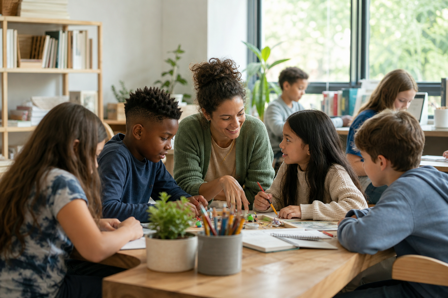 Teacher guiding a small group of children in a warm community learning setting